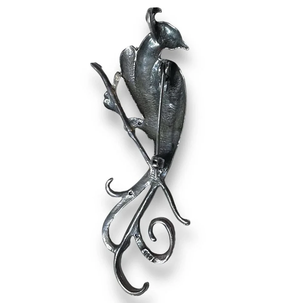 Vintage Bird of Paradise Brooch 925 Silver with Rhinestones